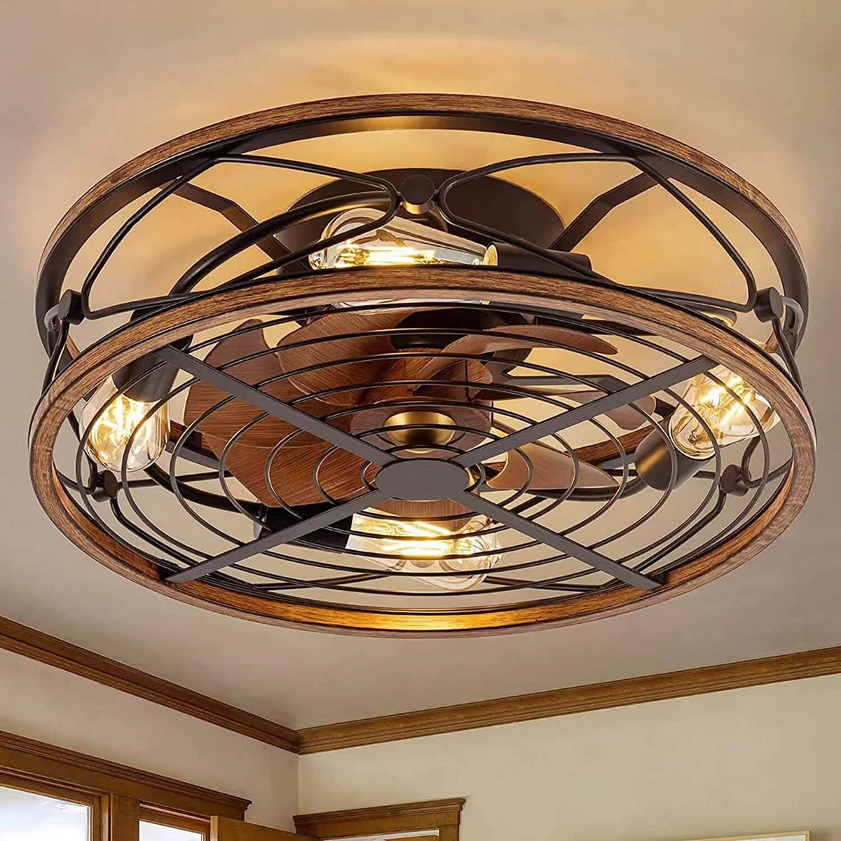 Nordic Industrial Wrought Iron Cylinder Flush Mount Ceiling Fan Light lifestyle