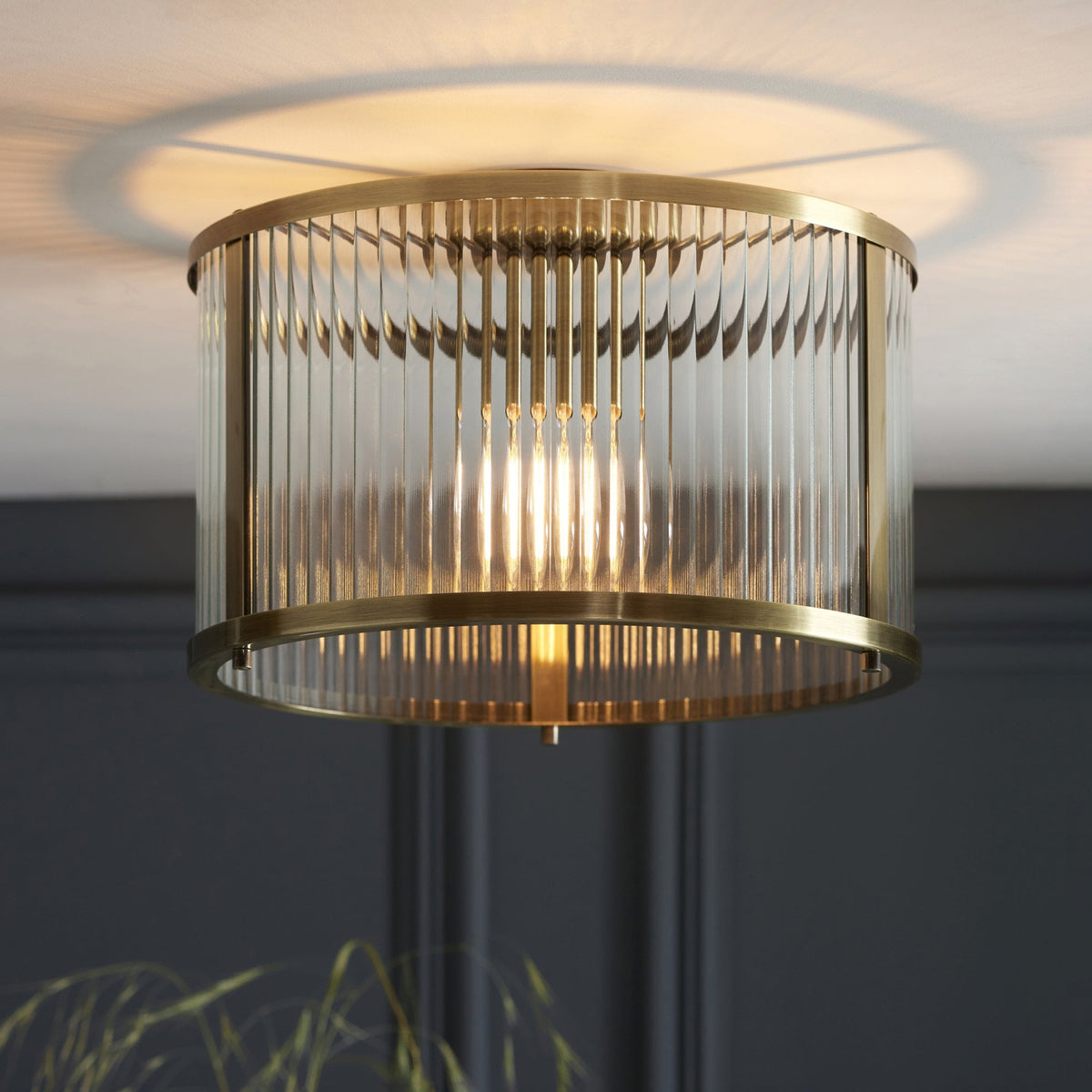Ridgeton 1 Light Flush – Antique Brass & Clear Ribbed Glass