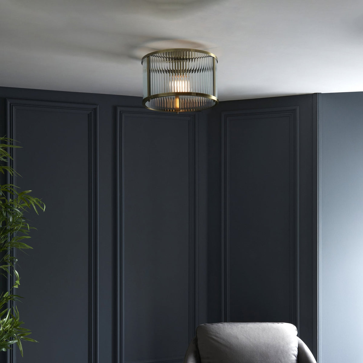 Ridgeton 1 Light Flush – Antique Brass & Clear Ribbed Glass