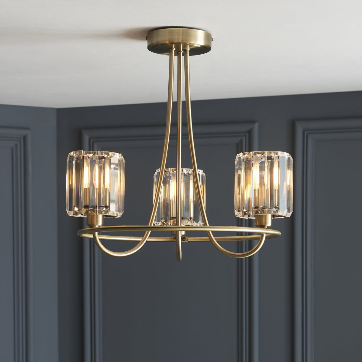 Berenice 3 Light Semi Flush – Antique Brass & Clear Glass