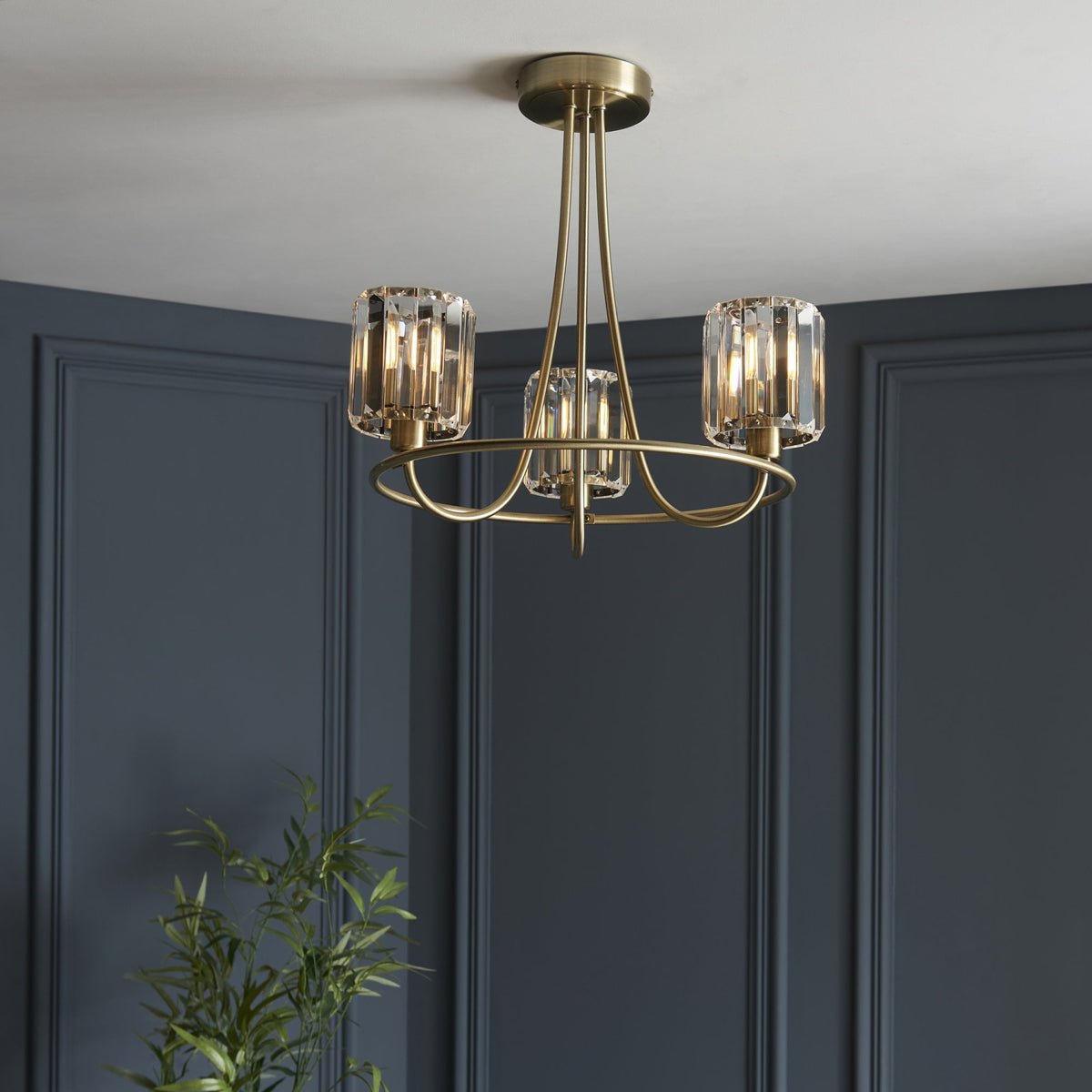 Berenice 3 Light Semi Flush – Antique Brass & Clear Glass