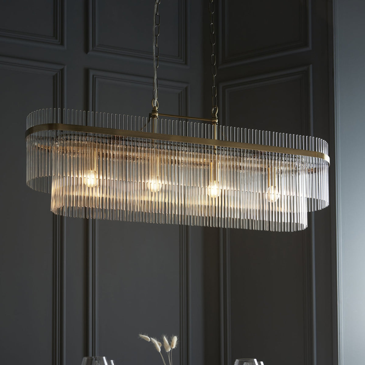 Marietta 4 Light Linear Pendant – Antique Brass & Clear Glass
