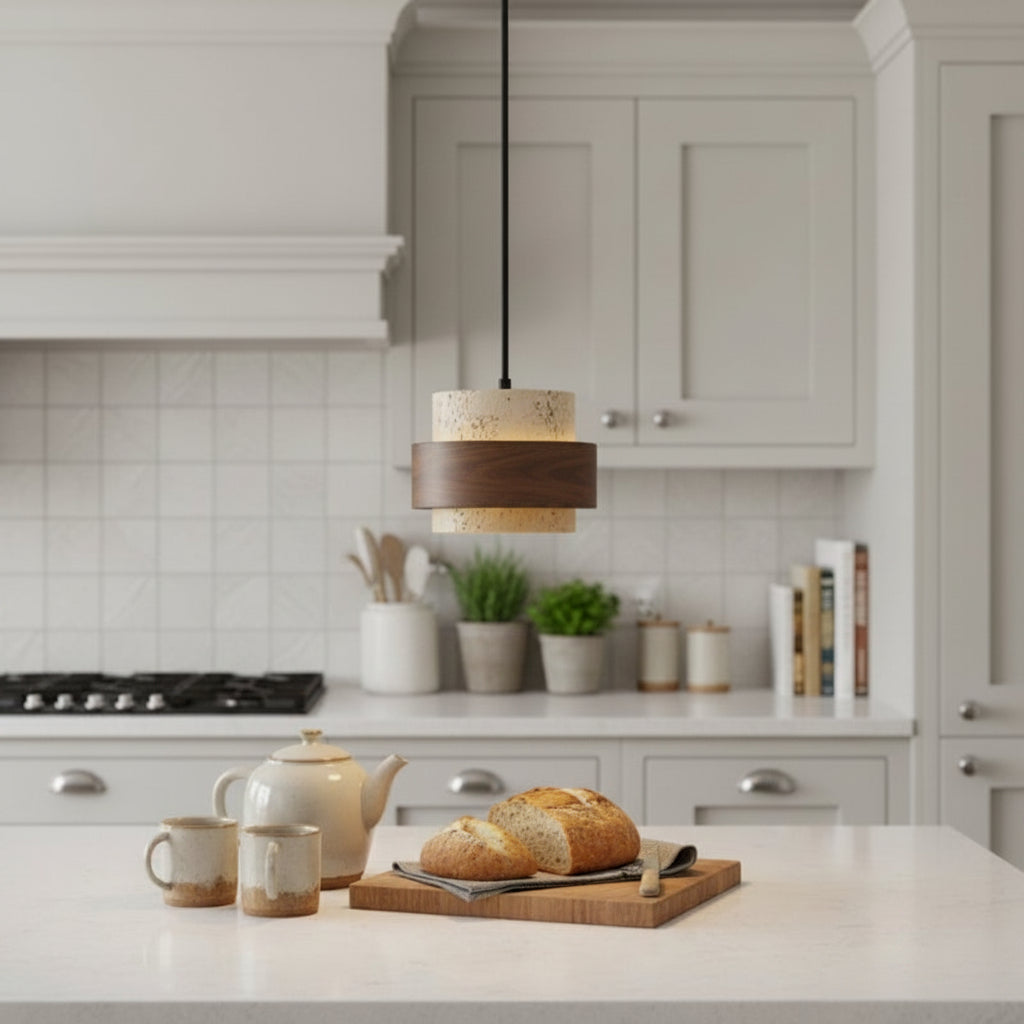 Cole travertine pendant detail stone veining — GildNest UK