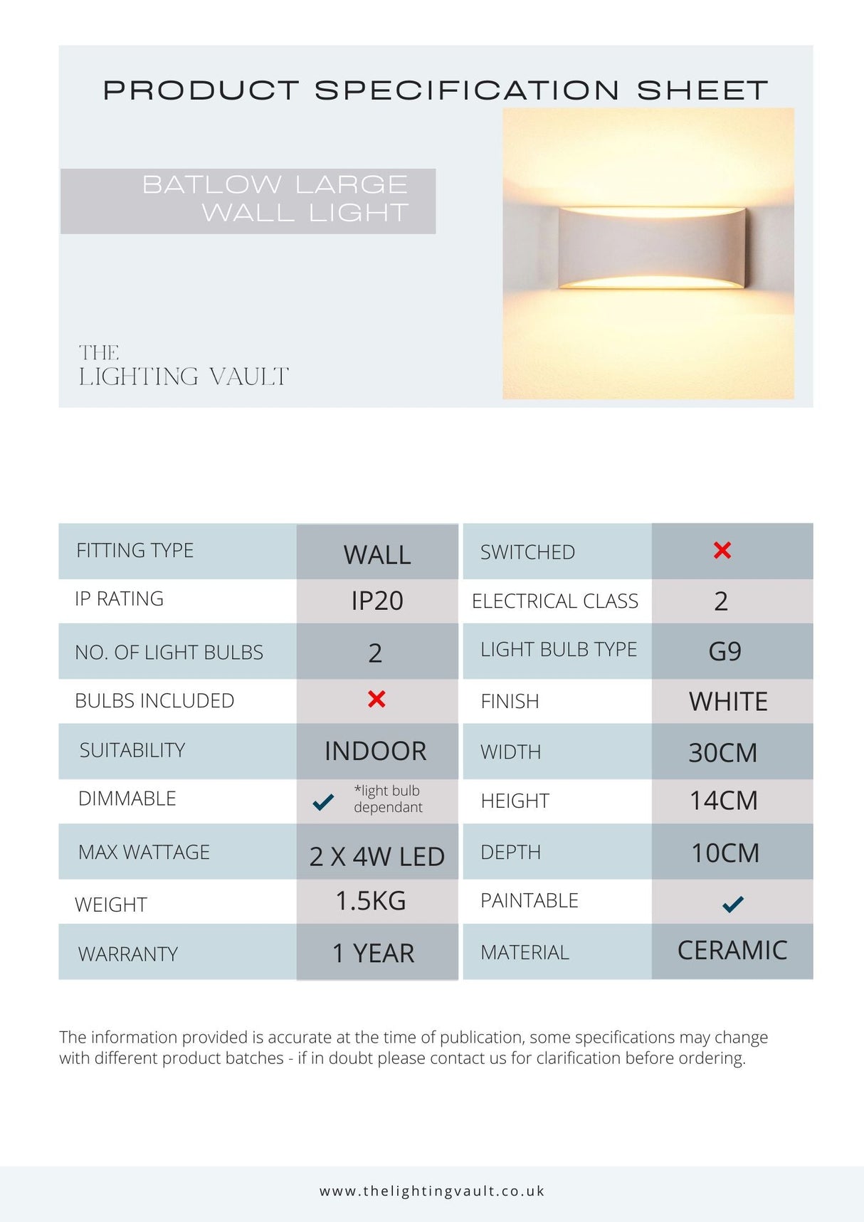 Batlow large plaster wall light technical specifications — GildNest UK