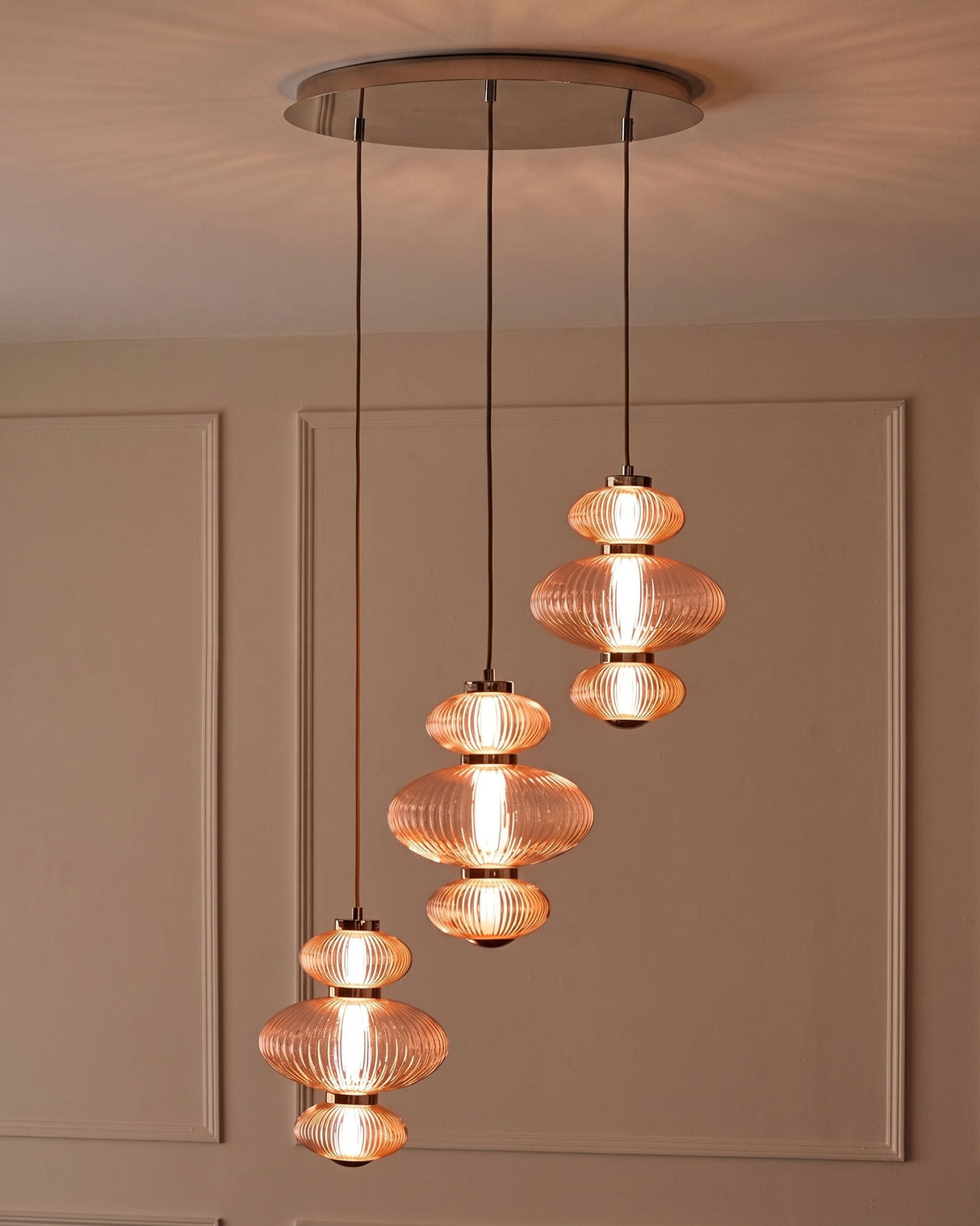 Cynthia Champagne Glass 3-Drop Pendant Light lit