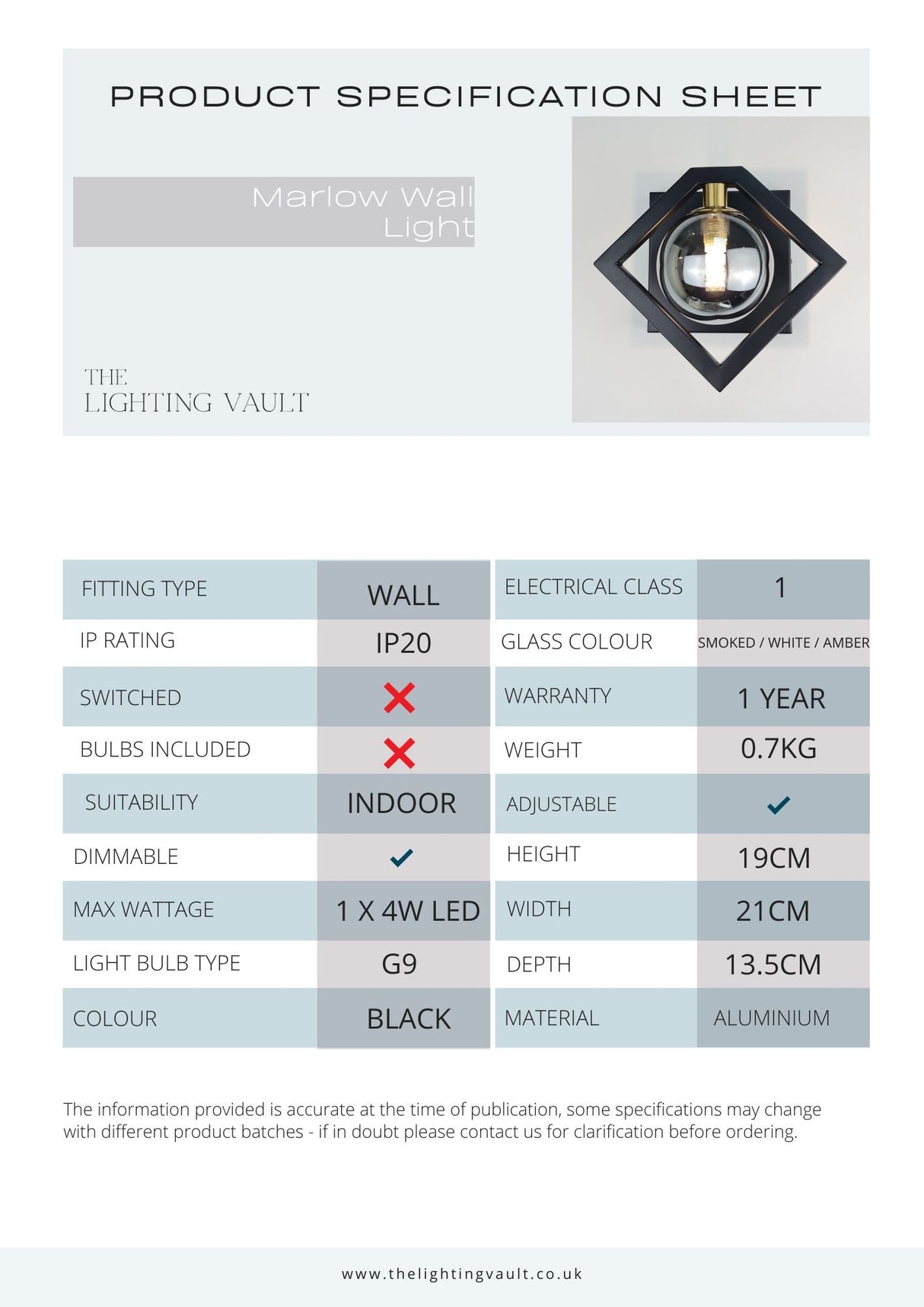 Marlow wall light technical specifications — GildNest UK