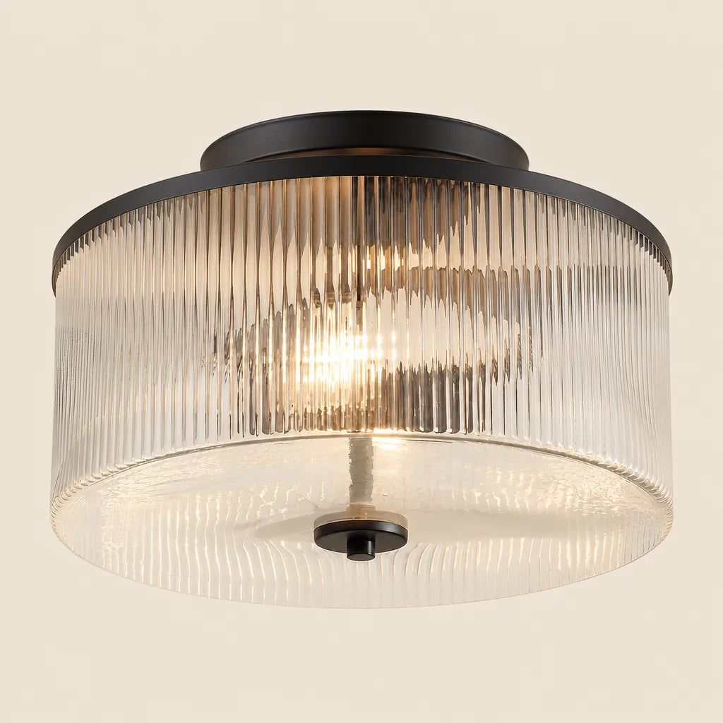 Vireo Farmhouse Drum-Shaped Ribbed Glass Ceiling Light