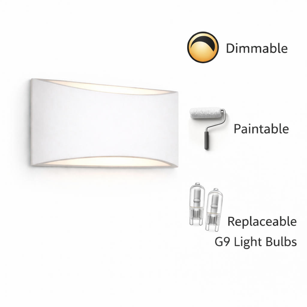 Batlow large plaster wall light dimmable paintable G9 features — GildNest UK