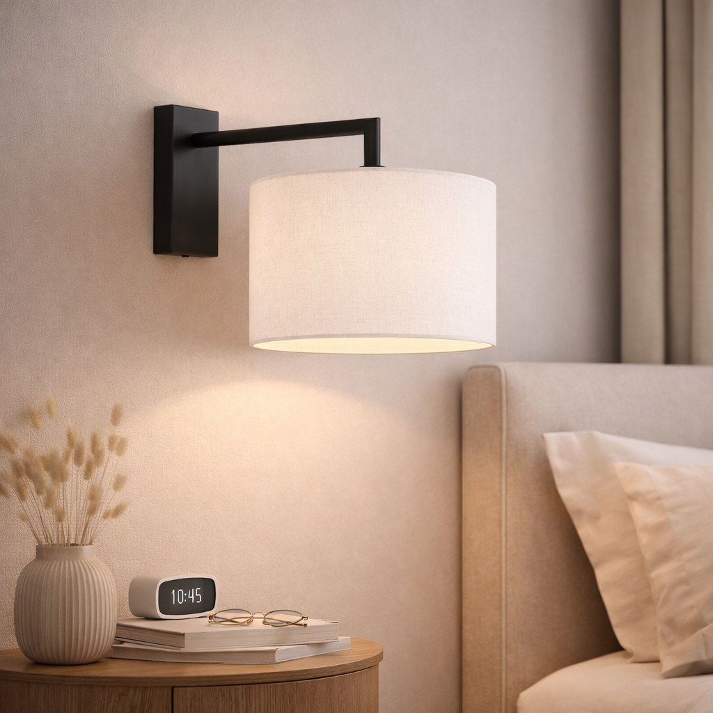 Fairview matt black wall light ivory fabric shade modern bedroom — GildNest UK