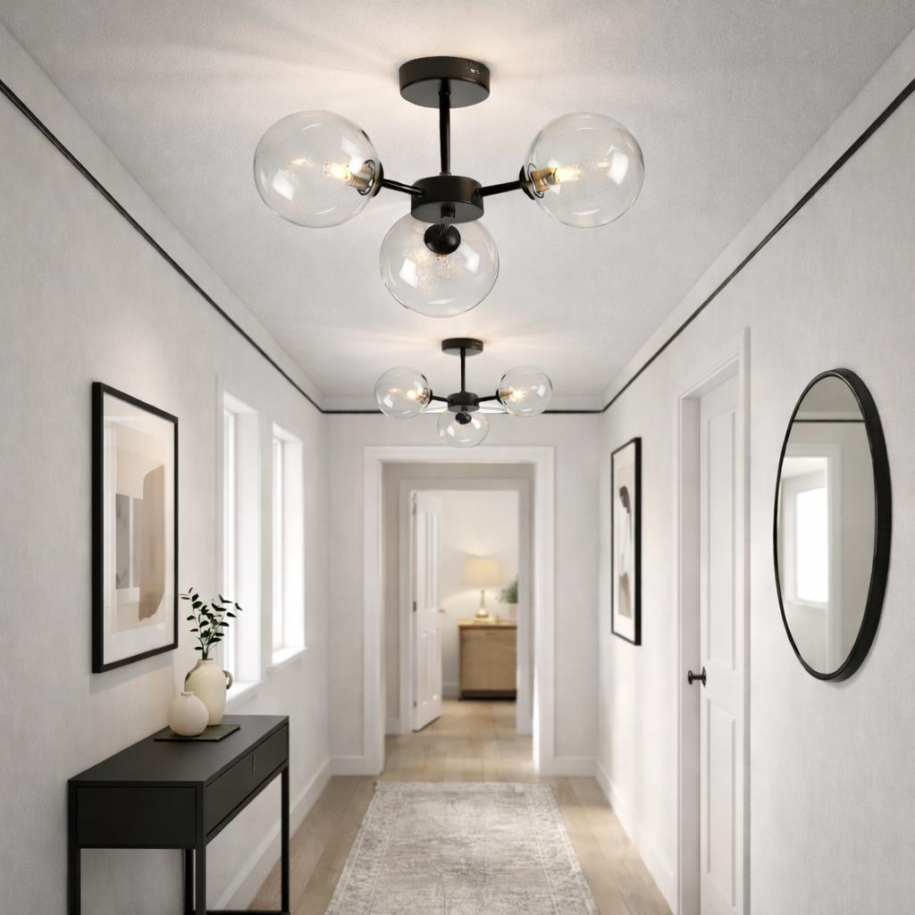 Fenland 3 Light Semi Flush – Black & Glass