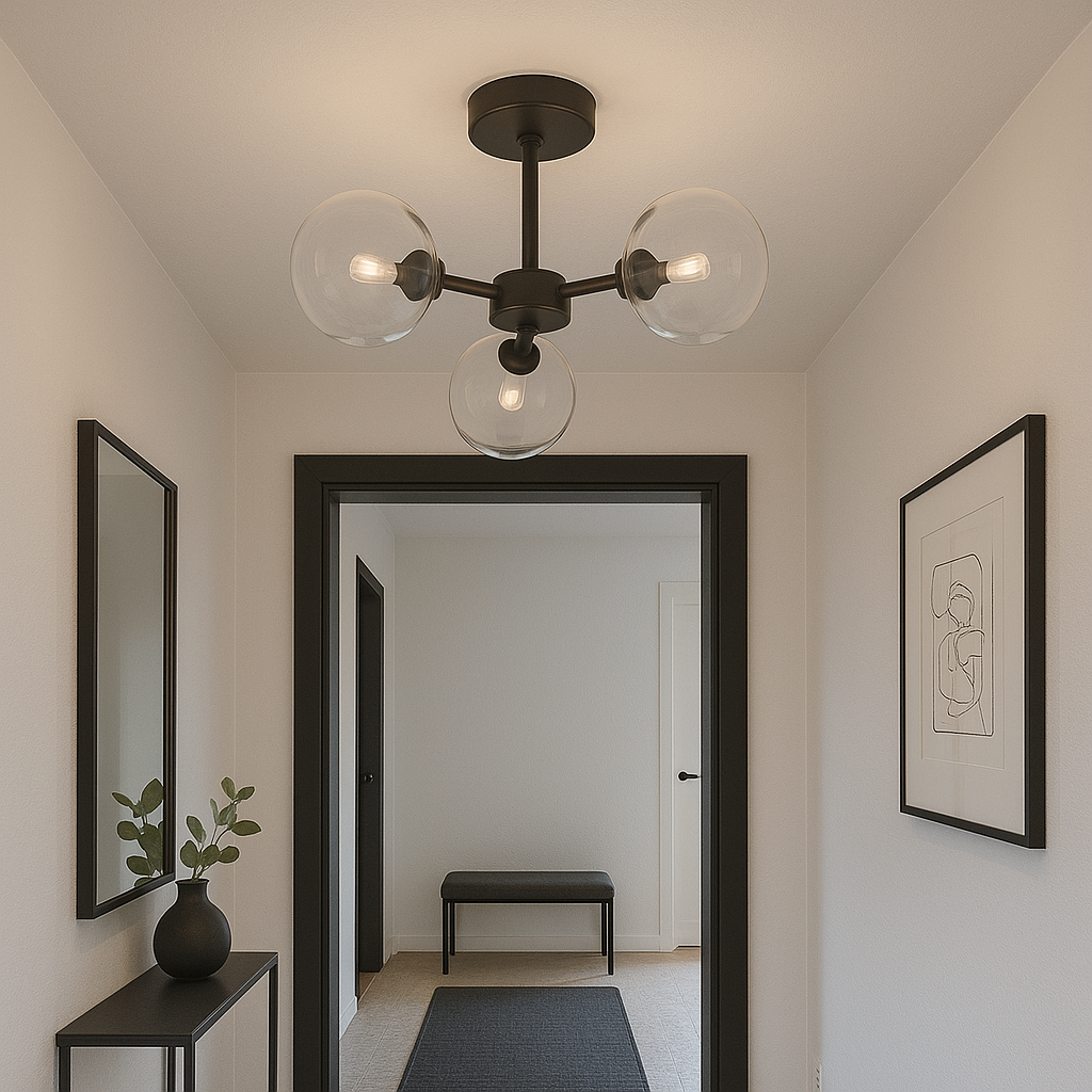 Fenland 3 Light Semi Flush – Black & Glass