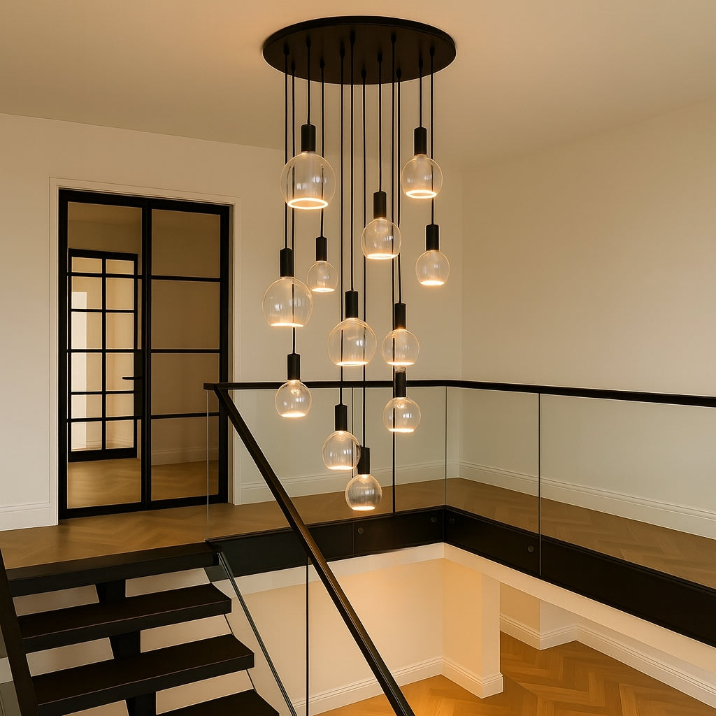 Roma 12 Light Spiral Pendant – Sculptural Multi-Drop Staircase Light