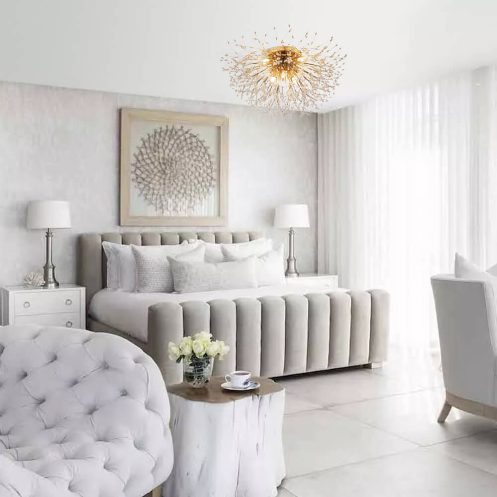Speck Beaded Sputnik Flush Mount Ceiling Light installed in a bedroom