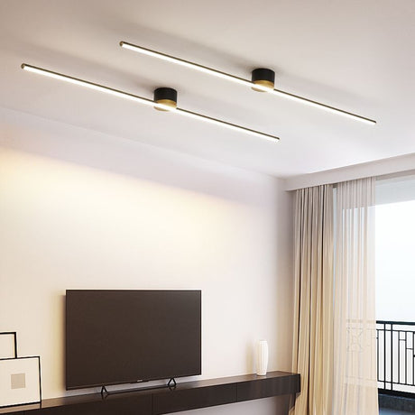 Erix linear flush mount ceiling light installed and lit above a TV console