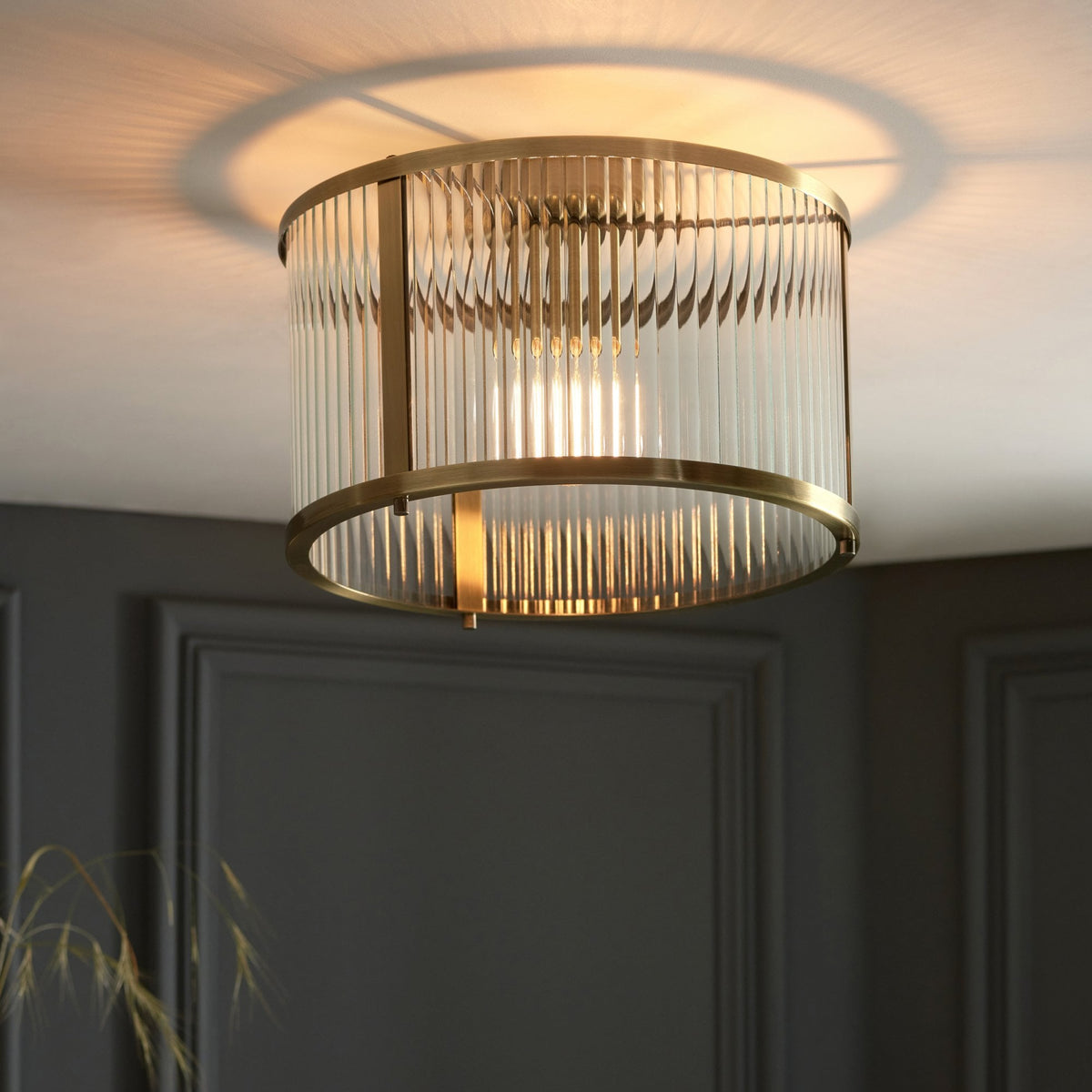 Ridgeton 1 Light Flush – Antique Brass & Clear Ribbed Glass