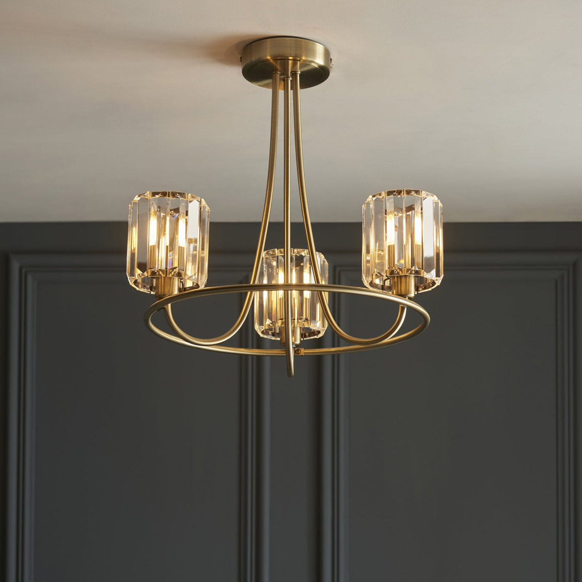 Berenice 3 Light Semi Flush – Antique Brass & Clear Glass
