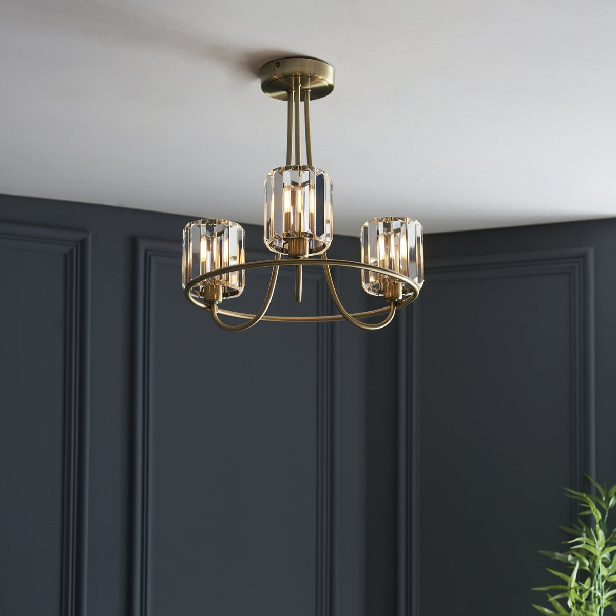 Berenice 3 Light Semi Flush – Antique Brass & Clear Glass