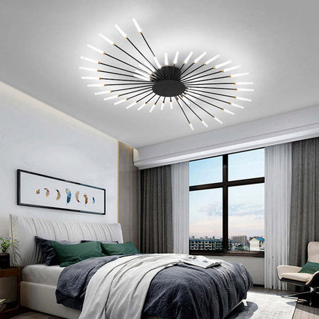 Wesley fireworks flush mount ceiling light installed and lit above a bed, Black finish