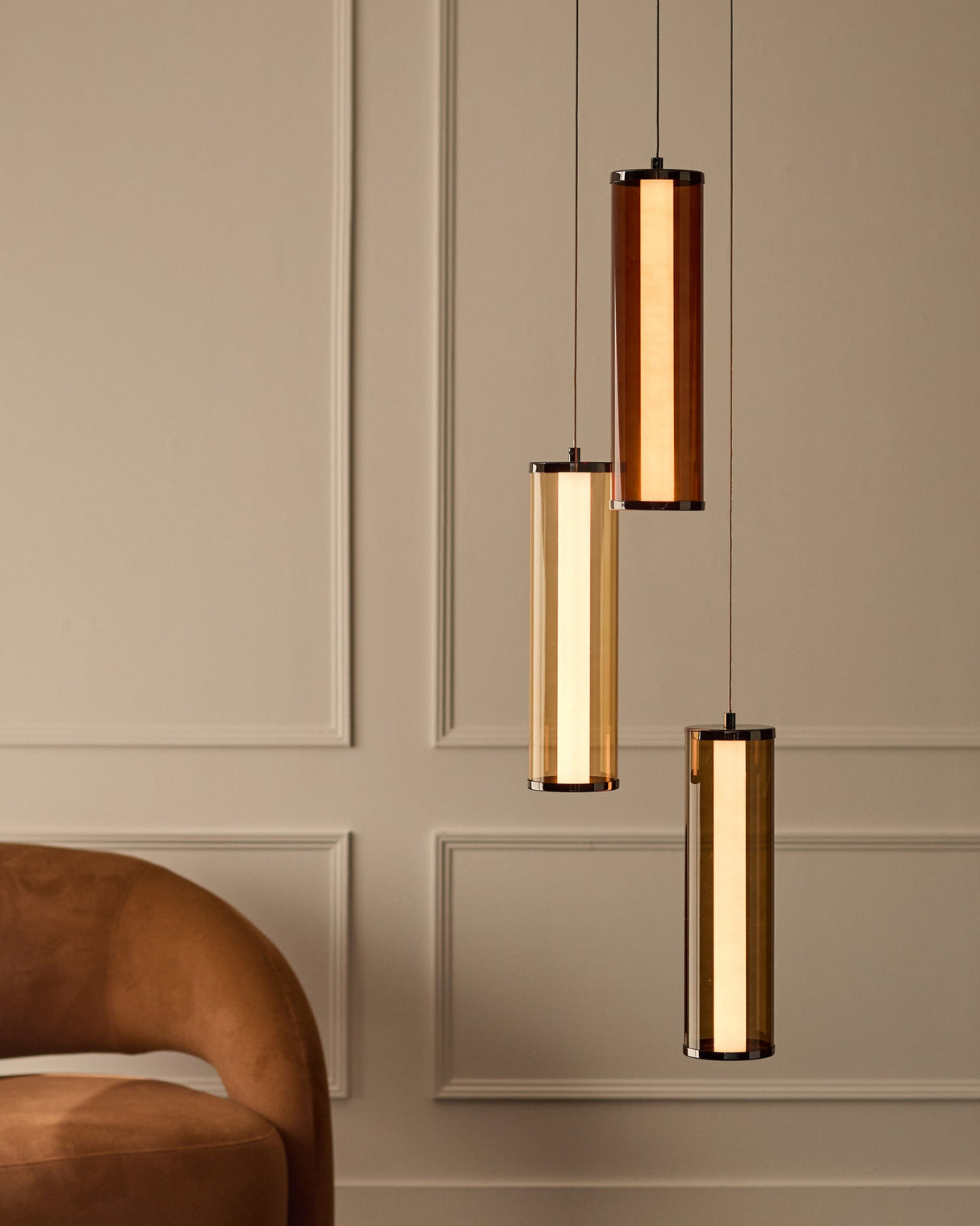 Amber Mocha Caramel Champagne Glass 3-Cluster Pendant Light in bedroom