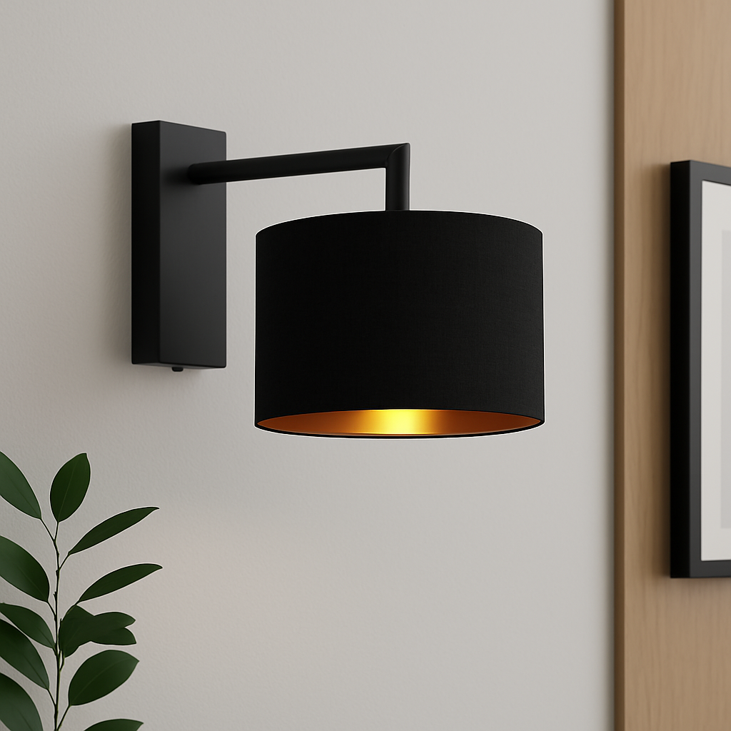Fairview matt black wall light with black fabric drum shade — GildNest UK