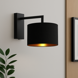 Fairview matt black wall light with black fabric drum shade — GildNest UK