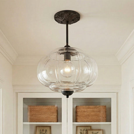 Lumi Antique Brass Green Glass Pumpkin Semi-Flush Mount Eloise Pendant