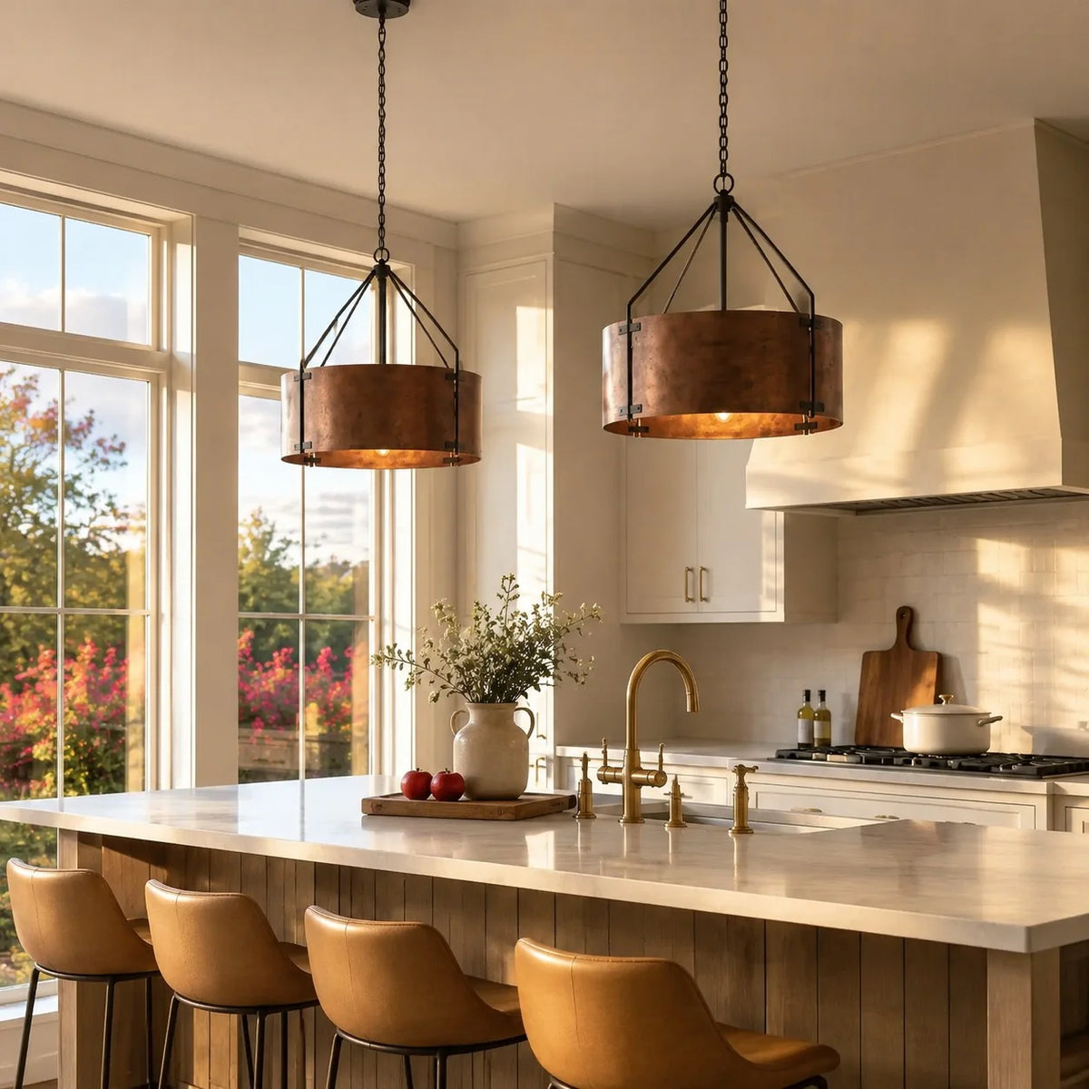 Rustic Bronze Industrial Drum Shade Pendant Light