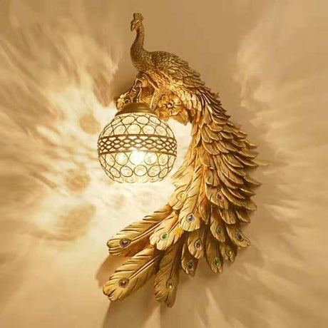 Peacock Crystal Ball Wall Sconce Gold Right