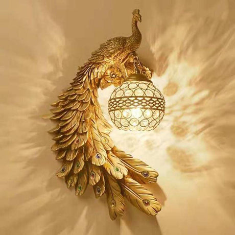 Peacock Crystal Ball Wall Sconce Gold Left