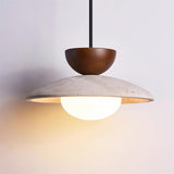 Cleo travertine pendant light lit, Walnut finish