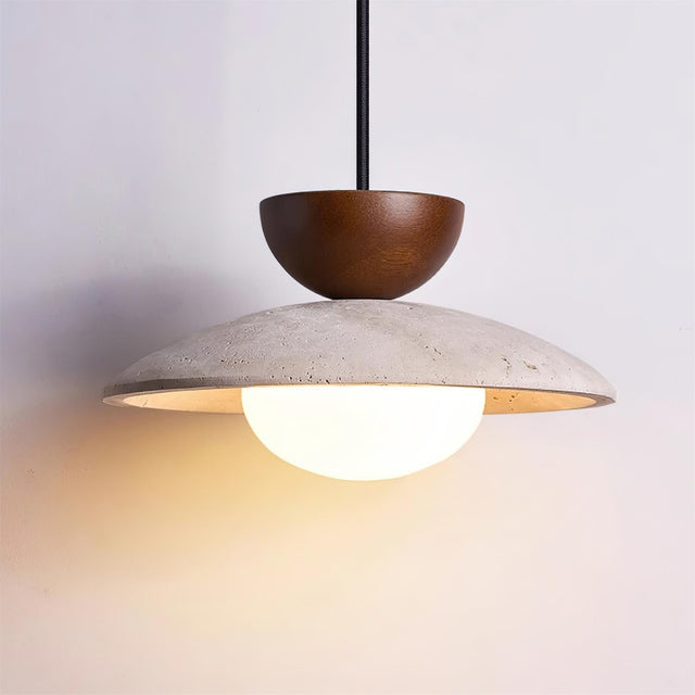 Cleo travertine pendant light lit, Walnut finish