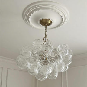 Bellina Glass Bubble Cluster Chandelier 3-Light Brass installed with ceiling medallion