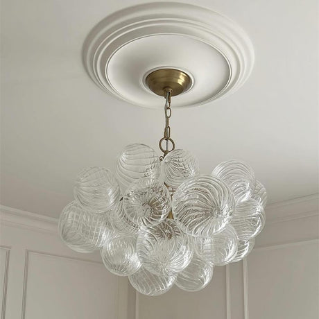 Bellina Glass Bubble Cluster Chandelier 3-Light Brass installed with ceiling medallion