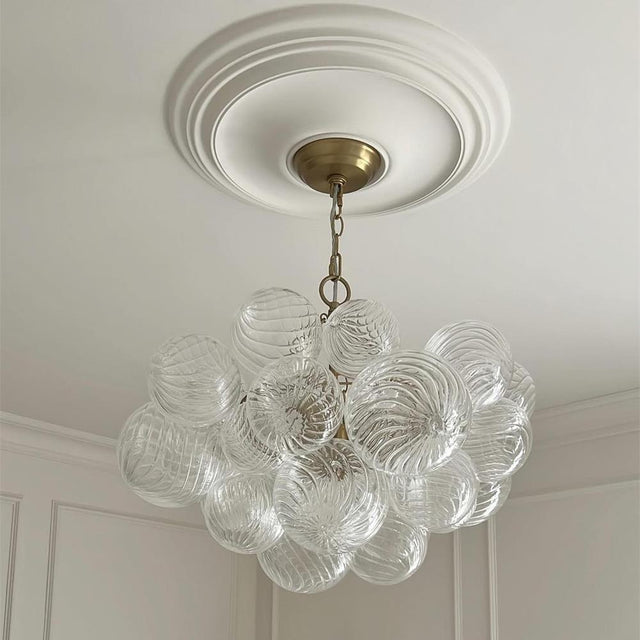 Bellina Glass Bubble Cluster Chandelier 3-Light Brass installed with ceiling medallion